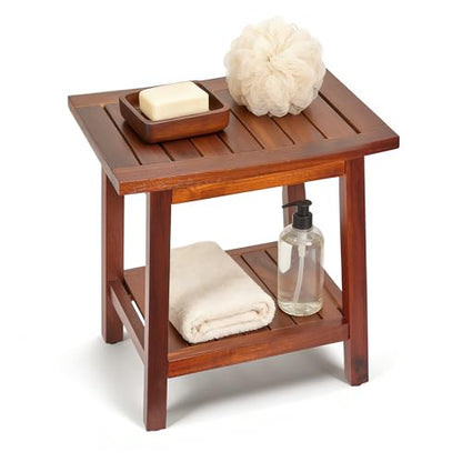 Upolana Teak Shower Bench, 16" Solid Acacia Wood Shower Stool Waterproof Shower Seat with Storage Shelf for Bathroom, Indoor & Outdoor Use