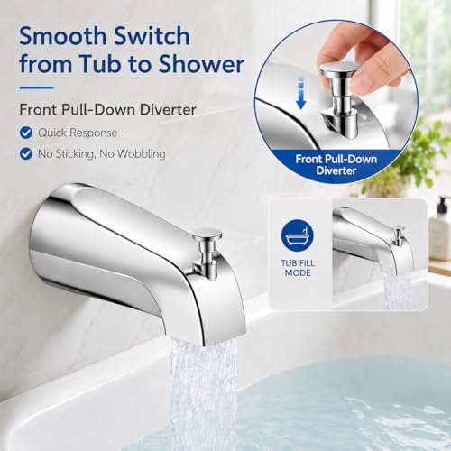 Universal Bathtub Tub Spout with Diverter,Fits 1/2" Copper Piper (5/8" Diameter) Connection, Pull Down Bathroom Tub Faucet Replacement with Adapters,Easy Installation (Chrome)