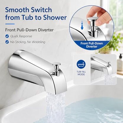Universal Bathtub Tub Spout with Diverter,Fits 1/2" Copper Piper (5/8" Diameter) Connection, Pull Down Bathroom Tub Faucet Replacement with Adapters,Easy Installation (Chrome)