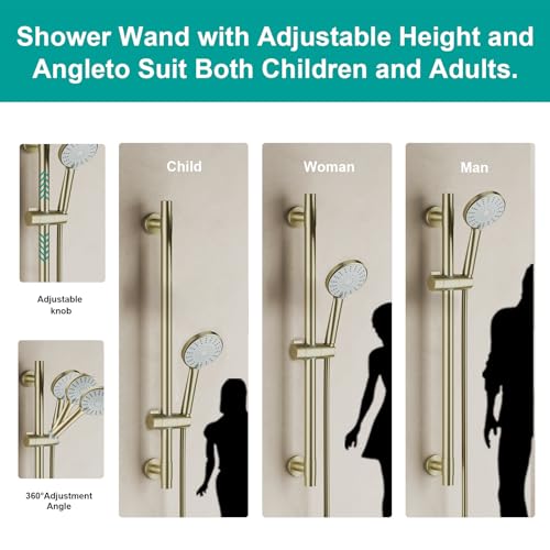 Shower Slide Bar Handheld Shower Head with Hose, 5-Function Hand Shower with Wall Mount，shower slide bar,adjustable height shower head (A-round, Brushed Gold) - color: Brushed Gold