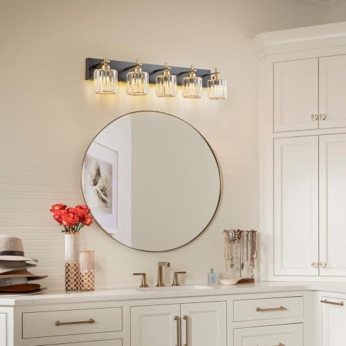 Modern Crystal Bathroom Vanity Lights, Black Gold 5-Lights Bathroom Light Fixtures Over Mirror, Crystal Wall Lighting with Polished Gold Finish(Exclude Bulb) - color: Black Gold-Round Shade, size: 5-Light