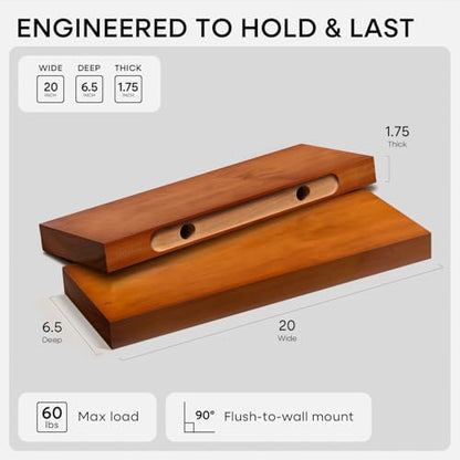 20 inch Floating Shelf Oak, High End Solid Real Wood 20inch Long Floating Shelves for Wall Mounted, Honey Oak Wooden 20in Floating Shelves, Heavy Duty Bracket, 20 X 6.5 X 1.75 inch, Set of 2 - color: Honey Oak - Warm Amber Tone, size: 20 inch