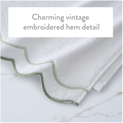 Peri Home 2 Piece Cotton Bath Towel Set, Embroidered, White, Sage Scallop - color: White With Sage Scallop, size: 2 Bath Towel