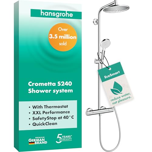 Hansgrohe Crometta S - Thermostat Shower System With Rainfall Head (⌀ 240 mm), Hand Shower (1 Spray), Hose, Rail and Round Head (1 Spray), Chrome, 27268000 - size: with thermostat, style: 1 spray mode + EcoSmart water saving