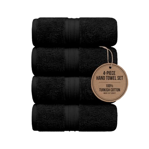 Hand Towels Set of 4 - Soft & Luxury, Large (16"x 28") 100% Cotton, Decorative, Luxury and Cozy - Versatile, Perfect as Hotel Towel, Cotton Face Towels, Thick Hand Towels - Black - color: Black
