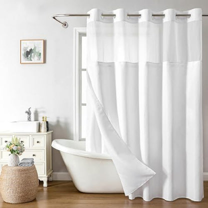 eachope No Hooks Needed Linen Textured Shower Curtain with Snap-in Fabric Liner Set,White Hotel Luxury Decor Shower Curtains for Bathroom with Mesh Top Window,Waterproof & Washable,71Wx74H | 230GSM Thick Fabric,Hotel Luxury Decor,Mesh Top Window,Magnetic