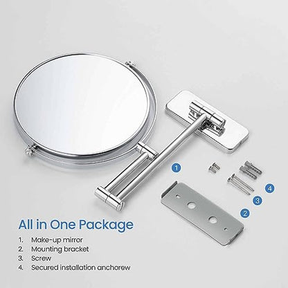 Circular Wall Mount Makeup Mirror, Dual-Sided 1x/5x Magnifying Mirror with Extendable Arm, 360° Swivel, Solid Brass Construction for Durability and Style (Chrome, KMM100) - color: Chrome