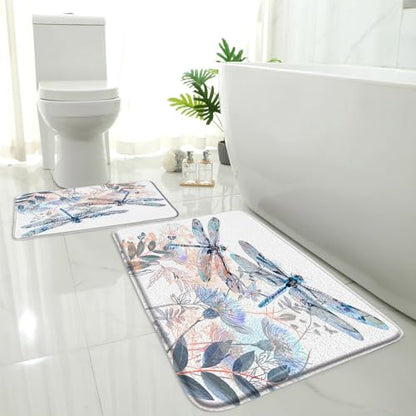 2 Pcs Dragonfly Bath Mat Abstract Flowers Leaves Nature Animals Botanical Memory Foam Soft Doormat Kitchen Bathroom Mat/Rugs, 18x30 Inch and 16x48 Inch - size: 18x30 Inch+16x48 Inch(45x75CM+40x120CM)