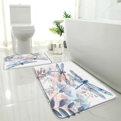 2 Pcs Dragonfly Bath Mat Abstract Flowers Leaves Nature Animals Botanical Memory Foam Soft Doormat Kitchen Bathroom Mat/Rugs, 18x30 Inch and 16x48 Inch - size: 18x30 Inch+16x48 Inch(45x75CM+40x120CM)