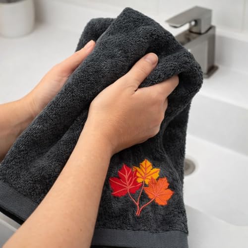 Serfina Home Harvest Fall Hand Guest Towels for Bathroom, Embroidered Grey Gray Autumn Leaf Design, 100% Cotton, 16" x 25" Inches, 2 Pc Set - color: Autumn Leaf Grey