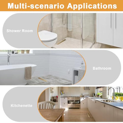 Linear Shower Drain - 28 Inch Brushed Gold, with Tile Insert Panels | AISI 304 Stainless Steel Shower Drain with Adjustable Feet, Hair Catcher, Rectangle Shower Floor Drain Fits Bathroom, Balcony - color: Brushed Gold, size: 28 Inch