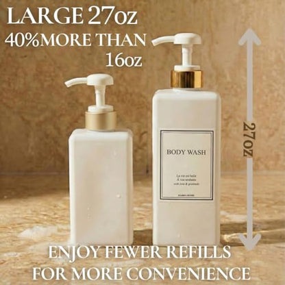 Modern Gold Design Shampoo and Conditioner Dispenser - Large 27oz Shower Soap Dispenser, Set of 3 Refillable Empty Plastic Pump Bottles for Bathroom and Body Wash (6 Waterproof Labels Included), White - color: White