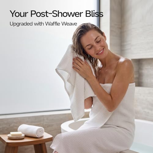 ecolook 6-Piece Waffle Weave Towel Set, 100% Cotton, Lightweight, Absorbent & Quick-Drying, 2 Bath Towels (31×63 in), 2 Hand Towels, 2 Washcloths, Lint-Free for Bathroom, Pool, Gym, Travel - White - color: White