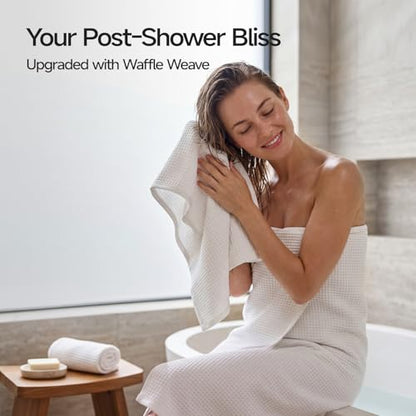 ecolook 6-Piece Waffle Weave Towel Set, 100% Cotton, Lightweight, Absorbent & Quick-Drying, 2 Bath Towels (31×63 in), 2 Hand Towels, 2 Washcloths, Lint-Free for Bathroom, Pool, Gym, Travel - White - color: White
