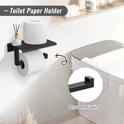 YACVCL 5 Pieces Matte Black Bathroom Hardware Accessorie Set 23.6 Inch Towel Bar Set SUS304 Stainless Steel Towel Rack&Holder Set for Bathroom,Toilet Paper Holder with Shelf Wall-Mounted - color: 5 Pcs Matte Black