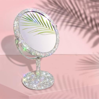 TISHAA Bling Vanity Mirror, Crystal Rhinestone Makeup Mirror, Double Sided with 2X Magnification