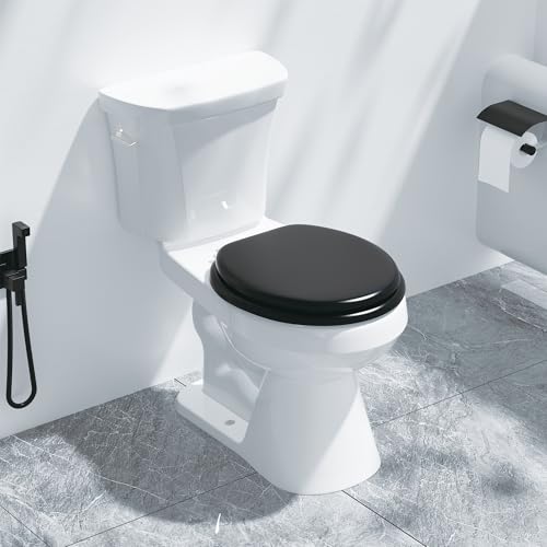 Round Black Slow Close Toilet Seat, Heavy Duty Wood Toilet Seat with Baked Enamel Finish, Support 400 bls, Toilet Lid with Soft Close Zinc Alloy Hinges, Grip-Tight Bumpers, Easy Clean, Quick-Assembly - color: Black, size: Round Slow Close