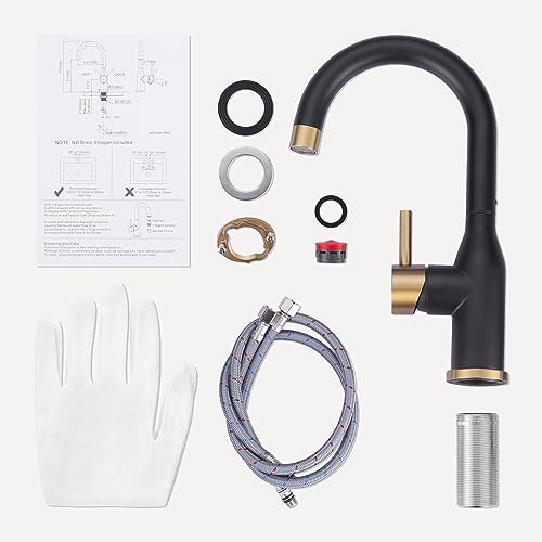 WOWOW Black and Gold Modern Single Handle Bar Faucet, 1 Hole, 360 Swivel, RV Sink Faucet, Mini Bar Tap with Water Supply Hoses - color: Black and Gold