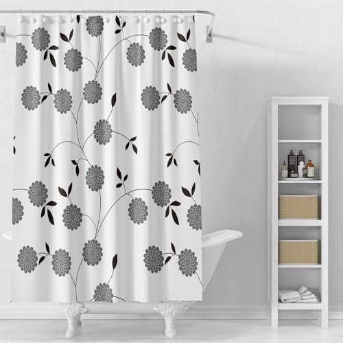 TIKABC Shower Curtain Liner, 4G PEVA Black and White Tree Flower Shower Liner, Plastic Waterproof Shower Curtains, 72x72 inch with Grommet Holes 3 Magnetic Weights - color: Black White Tree Flower