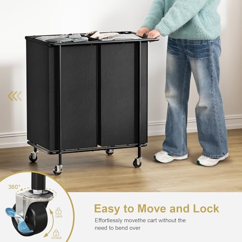 Double Laundry Hamper with Wheels & Lid, 200L Large Rolling Laundry Basket | Chrislley Sturdy Metal Laundry Cart 2 Section with Long Handle and Removable Bags,Dirty Clothes Hamper for Laundry Room,Black - color: Black, size: 200L(29.7"L x 16.9"W x 33.1"H)