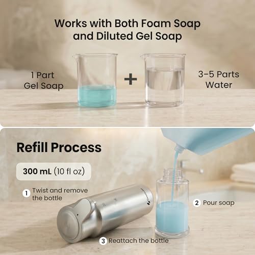 GentleJet CrystalJet Automatic Foam Soap Dispenser Stainless Steel, Touchless Sensor, USB-C Rechargeable, Waterproof, Modern Bathroom & Kitchen Sink, 300 ml - color: Silver