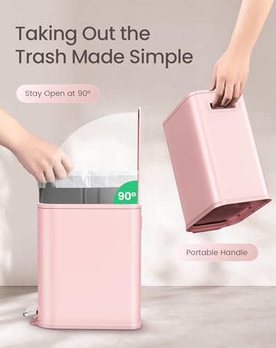 Cesun Small Bathroom Trash Can with Lid Soft Close & Pedal, 1.3 Gal, Pink | Removable Inner Bucket, Slim Stainless Steel Garbage Can for Bedroom/Office, Included 5 Trash Bags, Hidden Bag, Built to Last - color: Pink