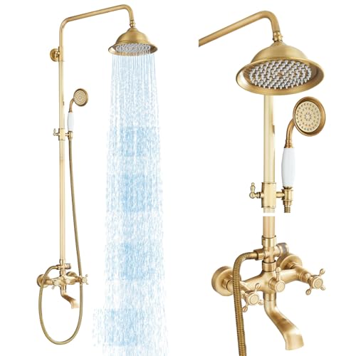 Antique Brass Shower System Bathroom Shower Faucet Set with 8 Inch Shower Head Handheld Spray and 360 ° Rotation Tub Spout 2 Cross Handles Outdoor Shower Fixtures - color: Antique Brass, style: Three Modes
