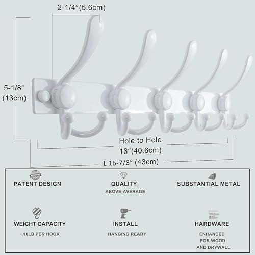 Coat Rack Wall Mount, Heavy Duty 12-Gauge Base vs Flimsy 1mm, Double-Thick Solid Anti-Snap Hooks, 16” Stud-Mount, Stainless Steel Hanger for Clothes Hat Entryway Closet Mudroom, White - color: White, size: L=17" (1pcs)