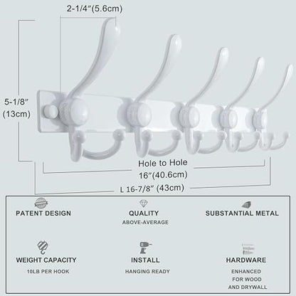 Coat Rack Wall Mount, Heavy Duty 12-Gauge Base vs Flimsy 1mm, Double-Thick Solid Anti-Snap Hooks, 16” Stud-Mount, Stainless Steel Hanger for Clothes Hat Entryway Closet Mudroom, White - color: White, size: L=17" (1pcs)