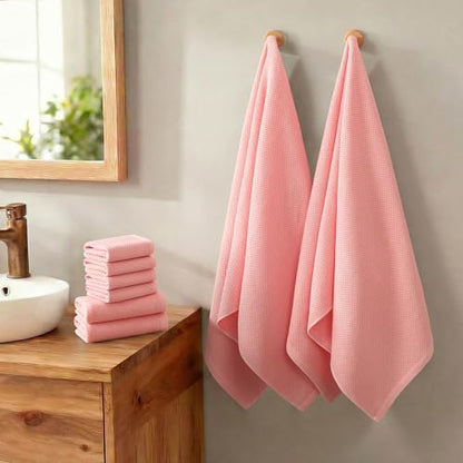 REDKISS Quick Dry Waffle Towel Set of 8, 100% Cotton,Lightweight & Highly Absorbent Waffle Towels for Bathroom, Spa, Gym, Pool-2 Bath Towels, 2 Hand Towels & 4 Washcloths,Pink - color: Pink