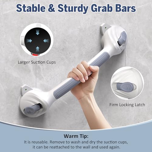Roylvan 16.8 Inch Grab Bars for Shower with Suction Cups, Drill Free, 1 PCS | Removable & Waterproof Shower Handles for Elderly and Seniors, Shower Safety Handrail for Bathroom, Bathtub