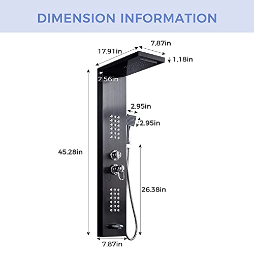 Delavin Multi Fuction Shower Panel, Shower Tower, Rainfall Waterfall Stainless Steel Shower Panel Tower System, Full Body Shower System with Body Jets, Tub Spout, Handheld Shower, Brushed Black | Stainless Steel, Rainfall Waterfall, Body Jets, Tub Spout,