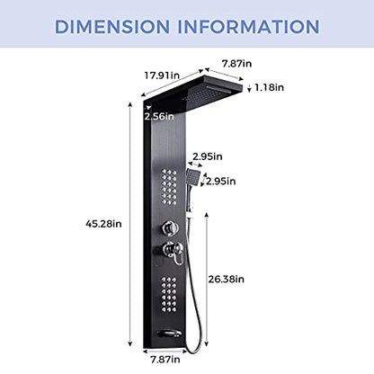 Delavin Multi Fuction Shower Panel, Shower Tower, Rainfall Waterfall Stainless Steel Shower Panel Tower System, Full Body Shower System with Body Jets, Tub Spout, Handheld Shower, Brushed Black | Stainless Steel, Rainfall Waterfall, Body Jets, Tub Spout,