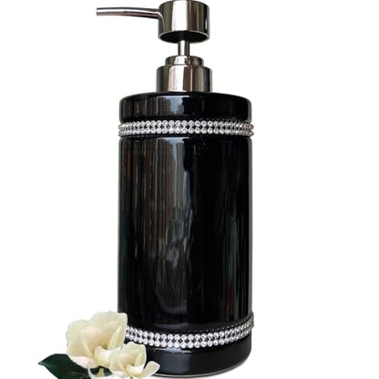Black Ceramic Soap Dispenser with Silver Pump for Bathroom, Refillable Liquid Hand Soap Dispenser, Bling Moissanite Design for Kitchen Dish Soap, Hand Soap, Pump Bottle for Liquid (Black) - color: Black