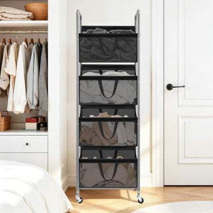 STO STO 4-Tier Vertical Rolling Laundry Hamper, Removable Bags, Black Mesh | 160L Capacity, Space-Saving Vertical Design, Rust-Resistant Steel Frame, Lockable Wheels, Ideal for Apartments & Small Spaces - color: Black Mesh, size: 4-Tier
