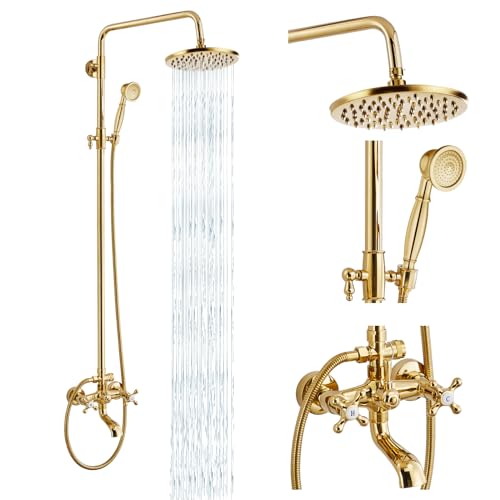 gotonovo Exposed Shower Tub Faucet Set 3 Function Wall Mount,Polish Gold | Shower System Fixtures with Tub Spout,8” Rain Head and Handheld,360°Rotation,Adjustable Height,for 5-6.7" Hole,Outdoor/Indoor - color: Bright Gold