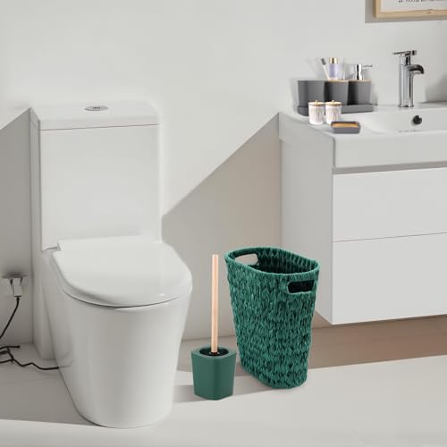 XLHOMO Dark Green Bathroom Accessories Set with Wicker Trash Can Shower Curtain and Rugs,Bathroom Sets Small Waste Basket Bathroom Trash Can for Bedroom Bathroom - size: Wicker Bathroom Set+Shower Curtain+Bath Rugs, style: Dark Green