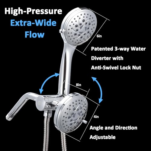 High Pressure Rain Shower Head Combo with Fixed and 9 Sprays Handheld, Non-Clogging Nozzles, Stainless Steel Hose with Adjustable Bracket Double Shower Head