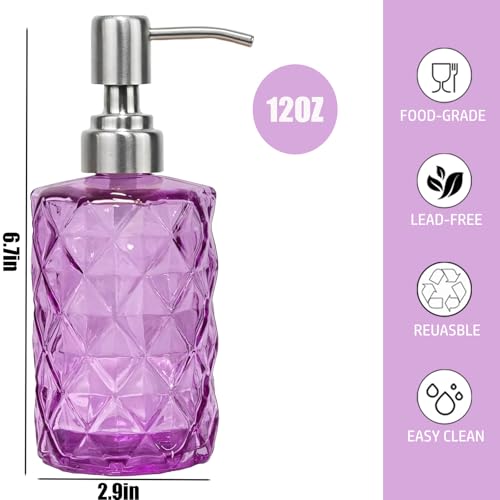 12Oz Purple Glass Soap Dispenser, Liquid Hand Bottle, Stainless Steel Pump | Refillable Clear Kitchen Soap Dispenser with Diamond Design, for Hand soap, Dish Soap, Lotion, Bathroom, Countertop, Hotel - color: Purple Diamond