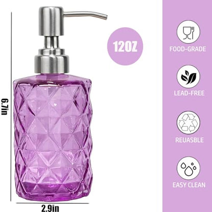 12Oz Purple Glass Soap Dispenser, Liquid Hand Bottle, Stainless Steel Pump | Refillable Clear Kitchen Soap Dispenser with Diamond Design, for Hand soap, Dish Soap, Lotion, Bathroom, Countertop, Hotel - color: Purple Diamond