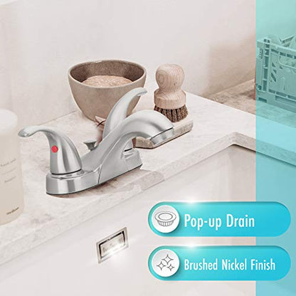 Two-Handle Centerset Bathroom Sink Faucet, Brushed Nickel | 1.2 GPM Flow, 3-Hole, Decorative Lever Handles, Deck Mount, WaterSense, Double Handle Faucet, Bathroom Sink Fixtures - color: Brushed Nickel
