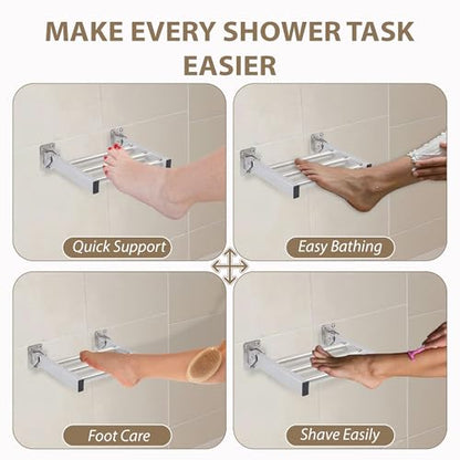 Shower Foot Rest and Shaving Pedestal - Wall Mount Folding Shower Ledge/Elevate Foot for Comfort/Safely Shave Legs and Wash Feet/Supports 200 lbs/ 304 Stainless/Brushed Finish/ 9”x 8” - color: Stainless Steel