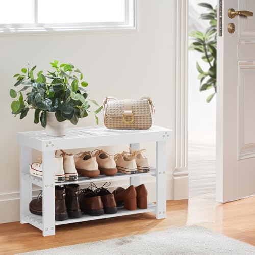 Pipishell Bamboo Shoe Rack Bench, 3-Tier Sturdy Shoe Organizer, Storage Shoe Bench, Holds up to 300lbs for Entryway Bedroom Living Room Balcony (White) - color: White