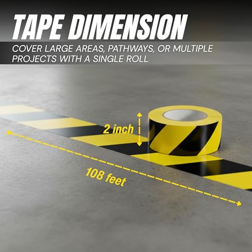 Tapix (3 Pack 2 Inch x 108 Feet Black & Yellow Tape Roll - Safety Stripe Waring Tape for Floor - Highly Adhesive Waterproof Hazard Tape for Floors, Walls, Staircase, Pipes, Equipment, Dangerous Area