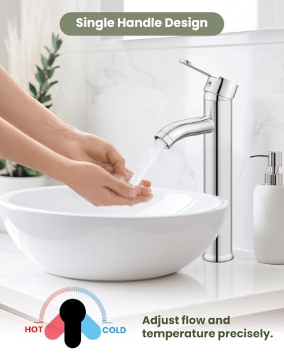 gotonovo Bathroom Vessel Sink Faucet Metal Pop Up Drain, Polish Chrome | Tall Bathroom Faucet 1 Hole Single Handle Modern Round Body, cUPC Water Supply Hoses, for Basin Vanity Lavatory Restroom Rv - color: Chrome