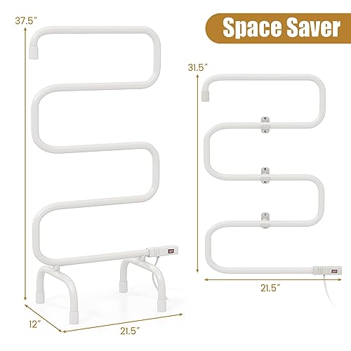 COSTWAY Heated Towel Warmer, Freestanding & Wall-Mounted 5-Bar Drying Rack with Built-in Switch, Overheat Protection & Constant Temperature Control, for Bathroom, Spa, White