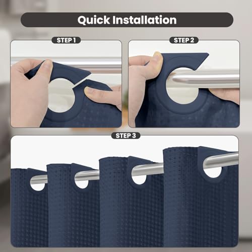 Inhousolu No Hook Shower Curtain with Removable Snap-in Liner, Waffle Weave 230 GSM Polyester, Weighted Hem, Water Repellent Washable, 72 x 72 Inch, Navy Blue - color: Navy Blue, size: 72"W x 72"L (Pack of 1)
