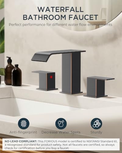 FORIOUS Bathroom Faucets 3 Hole 8 Inch Widespread Sink Oil Rubbed Bronze | 3-hole 4-12 Inch Widespread Sink, Square Waterfall Spout, with Drain and Hoses,for Vanity Rv Commercial Lavatory Restroom - color: Oil Rubbed Bronze