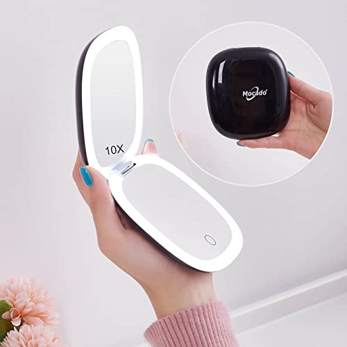 Mocado Compact LED Magnifying Travel Makeup-Mirror - 4 inches 1X/10X Magnification Small Hand Pocket Dimmable Double Sided USB Rechargeable Touch Screen, Portable Tabletop Cosmetic (Black) | Double Sides Lighted, 3 Colors Lighting, 0-100% Brightness, Diam