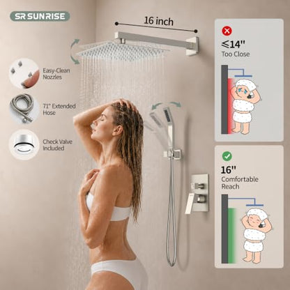 SR SUN RISE 12 Inches Bathroom Luxury Rain Mixer Shower Combo Set Wall Mounted Rainfall Shower Head System Brushed Nickel Finish Shower Faucet Rough-In - color: Brushed Nickel, size: 12 Inch